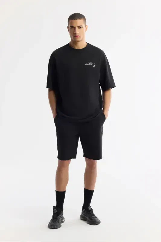 Men's Oversize Fit Black Crew Neck Cotton 2 Thread T-Shirt A51Y1095 - 5