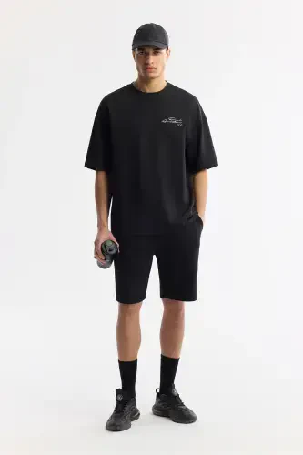 Men's Oversize Fit Black Crew Neck Cotton 2 Thread T-Shirt A51Y1095 - 6