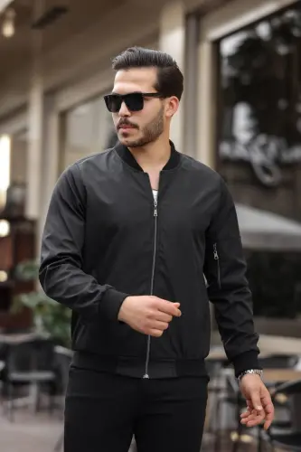 MEN'S OVERSIZE SLEEVE DETAIL LINED VARSITY JACKET-Black pocket detail - BASEL.CO (1)