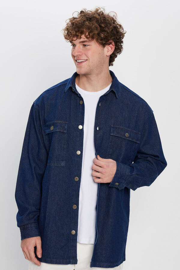 Men's Oversize Wide Fit Long Sleeve Denim Flap Pocket Double Pocket Navy Blue Shirt - 2