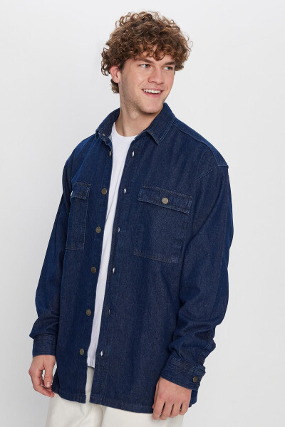 Men's Oversize Wide Fit Long Sleeve Denim Flap Pocket Double Pocket Navy Blue Shirt - 3