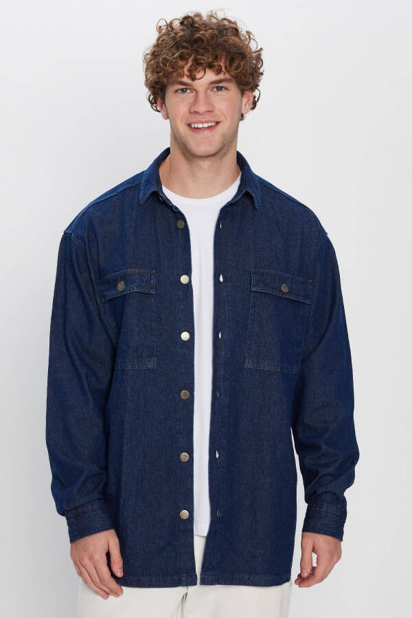 Men's Oversize Wide Fit Long Sleeve Denim Flap Pocket Double Pocket Navy Blue Shirt - 5