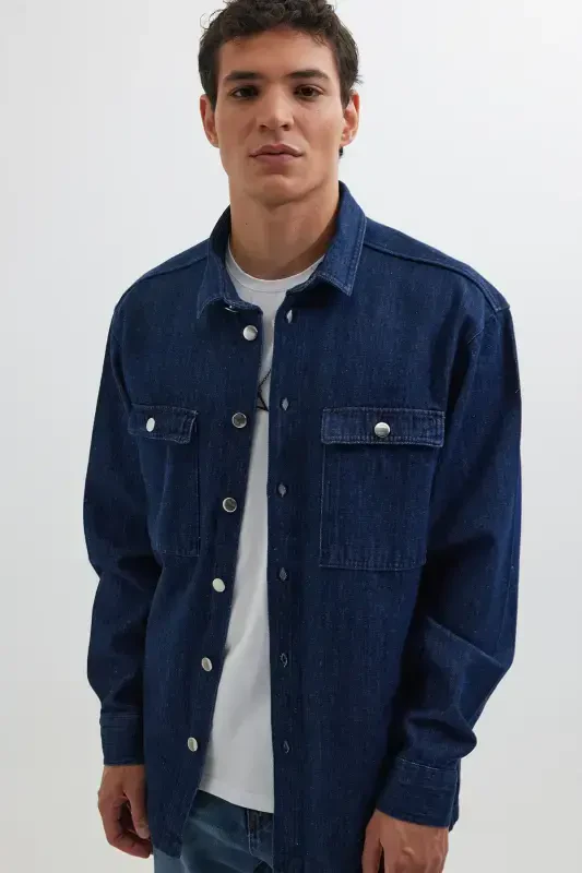 Men's Oversize Wide Fit Long Sleeve Denim Flap Pocket Double Pocket Navy Blue Shirt - TUDORS