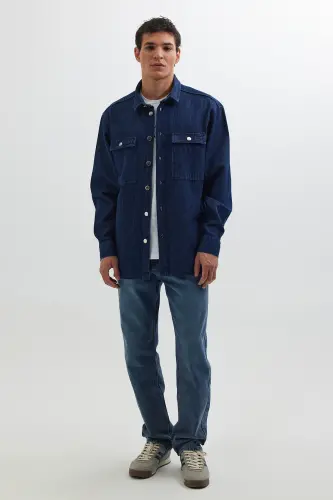 Men's Oversize Wide Fit Long Sleeve Denim Flap Pocket Double Pocket Navy Blue Shirt - 12