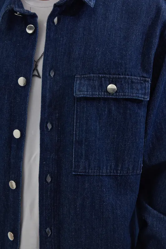 Men's Oversize Wide Fit Long Sleeve Denim Flap Pocket Double Pocket Navy Blue Shirt - 4