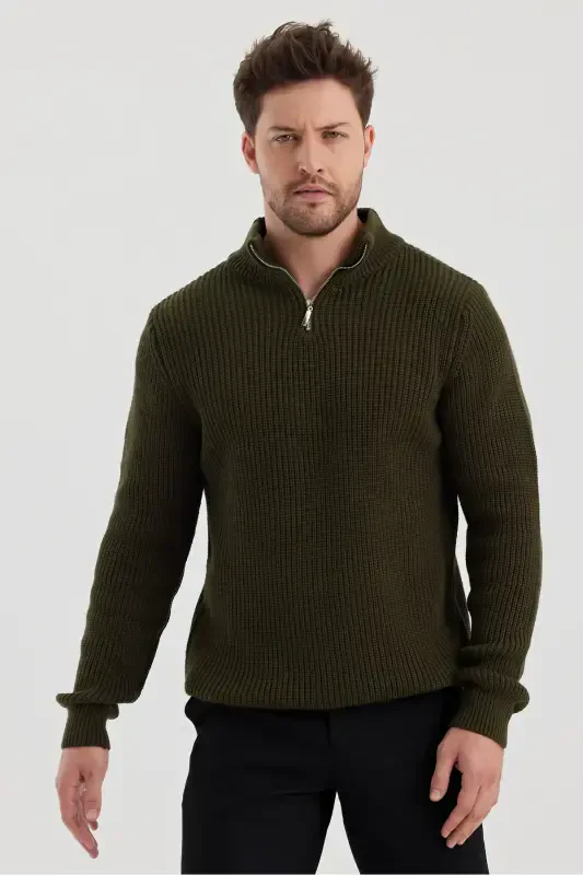 Men's Oversize Zippered Fisherman Knit Sweater-KHAKI - 1