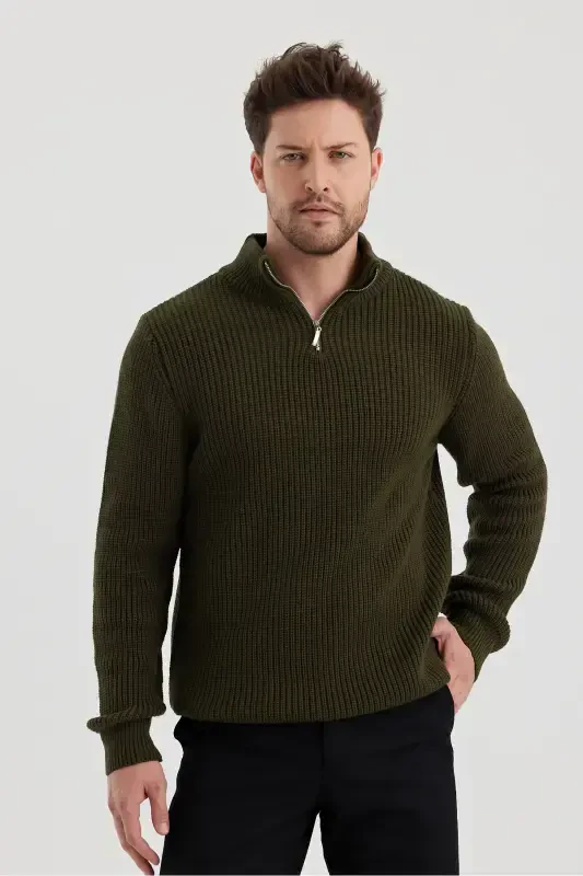 Men's Oversize Zippered Fisherman Knit Sweater-KHAKI - 2