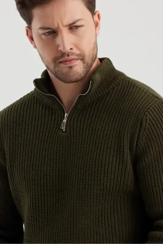 Men's Oversize Zippered Fisherman Knit Sweater-KHAKI - 3