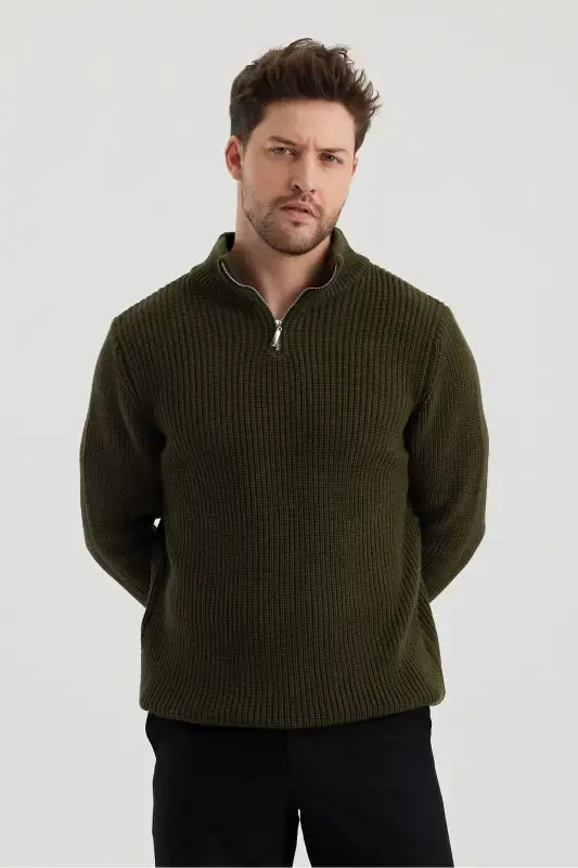 Men's Oversize Zippered Fisherman Knit Sweater-KHAKI - 4