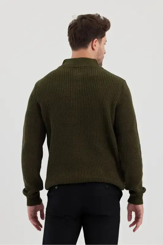 Men's Oversize Zippered Fisherman Knit Sweater-KHAKI - 5