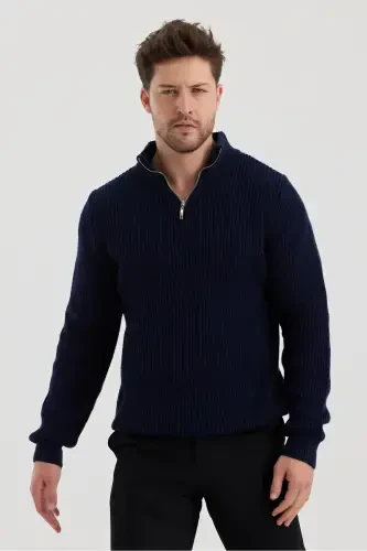Men's Oversize Zippered Fisherman Knit Sweater-NAVY BLUE - 1