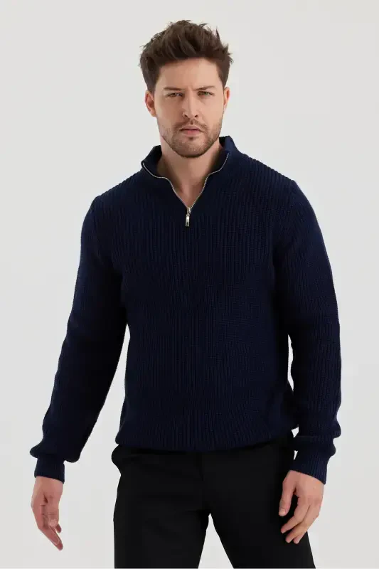 Men's Oversize Zippered Fisherman Knit Sweater-NAVY BLUE - COOL TARZ