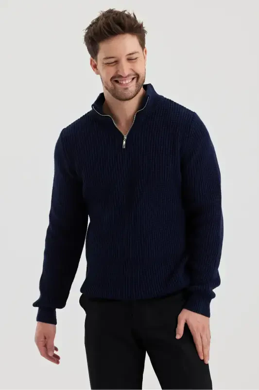 Men's Oversize Zippered Fisherman Knit Sweater-NAVY BLUE - 2