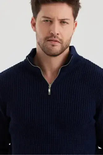 Men's Oversize Zippered Fisherman Knit Sweater-NAVY BLUE - 3