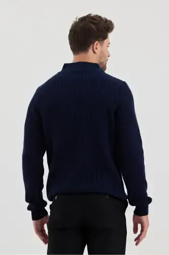 Men's Oversize Zippered Fisherman Knit Sweater-NAVY BLUE - 5