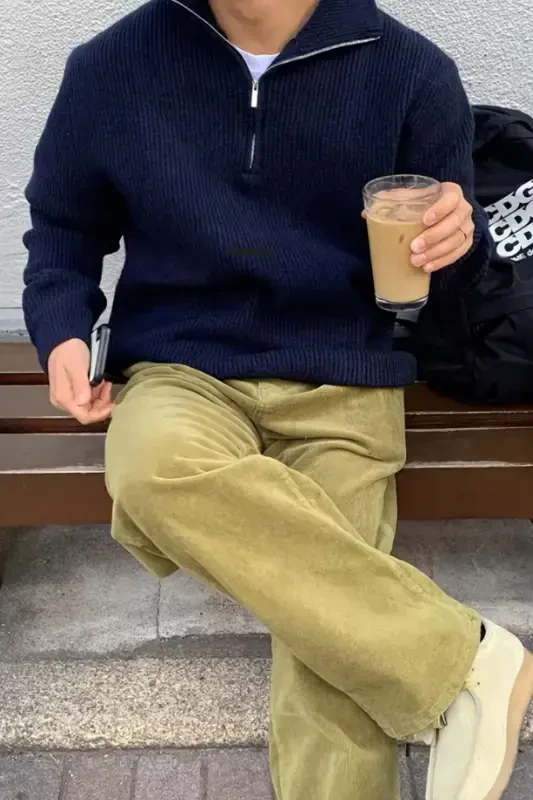 Men's Oversize Zippered Fisherman Knit Sweater-NAVY BLUE - 6