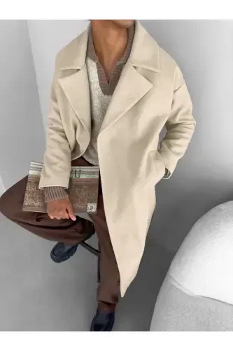 Men's oversized beige wool coat - 4