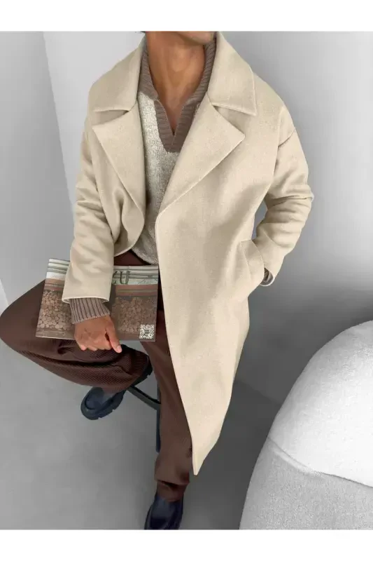 Men's oversized beige wool coat - 4