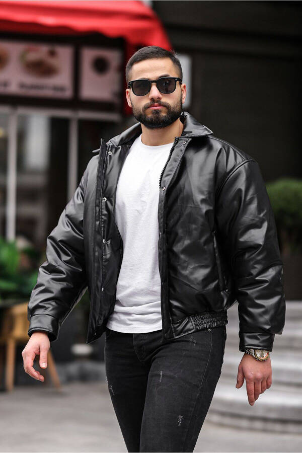 Men's Oversized Collar Leather Jacket - 3