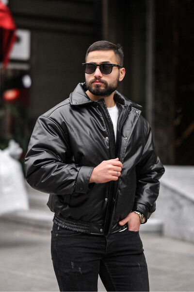 Men's Oversized Collar Leather Jacket - 5