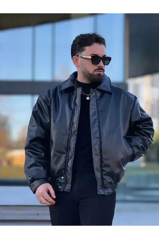 Men's Oversized Collar Leather Jacket - 2