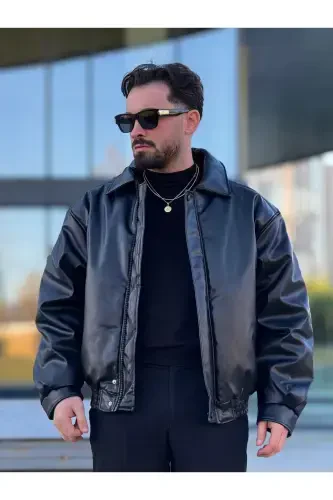 Men's Oversized Collar Leather Jacket - 3