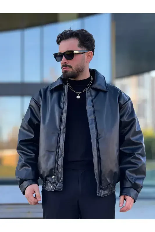 Men's Oversized Collar Leather Jacket - 3