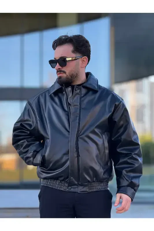 Men's Oversized Collar Leather Jacket - 4