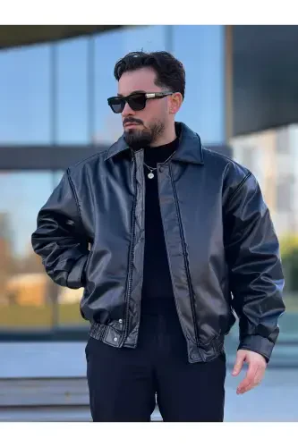 Men's Oversized Collar Leather Jacket - 5
