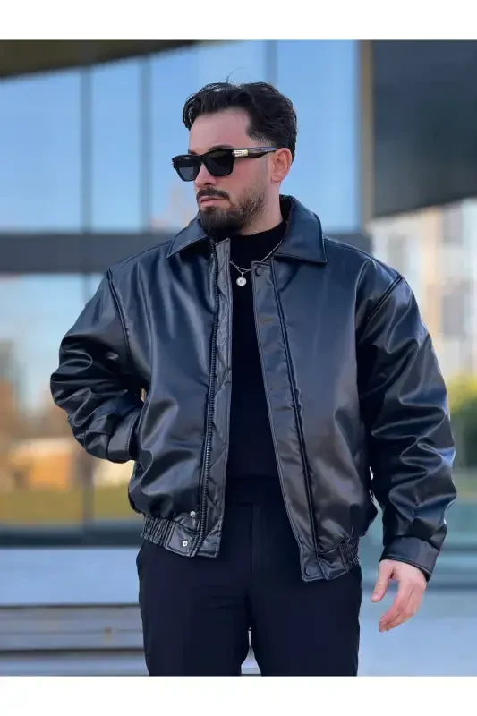 Men's Oversized Collar Leather Jacket - 5