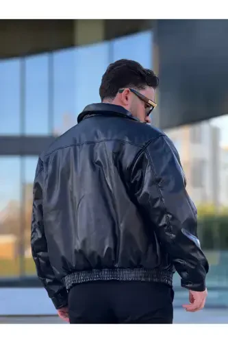 Men's Oversized Collar Leather Jacket - 6