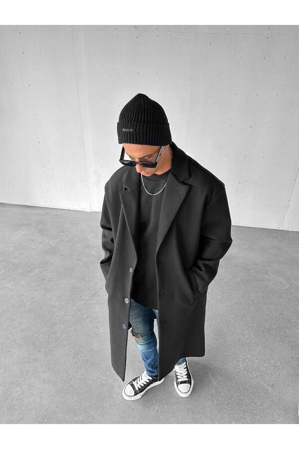 Men's Oversized Long Wool Coat Black - 3