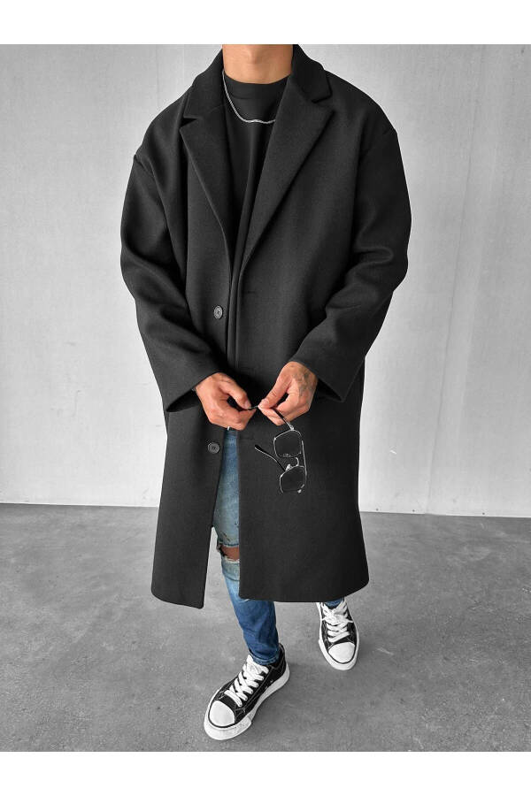 Men's Oversized Long Wool Coat Black - 5