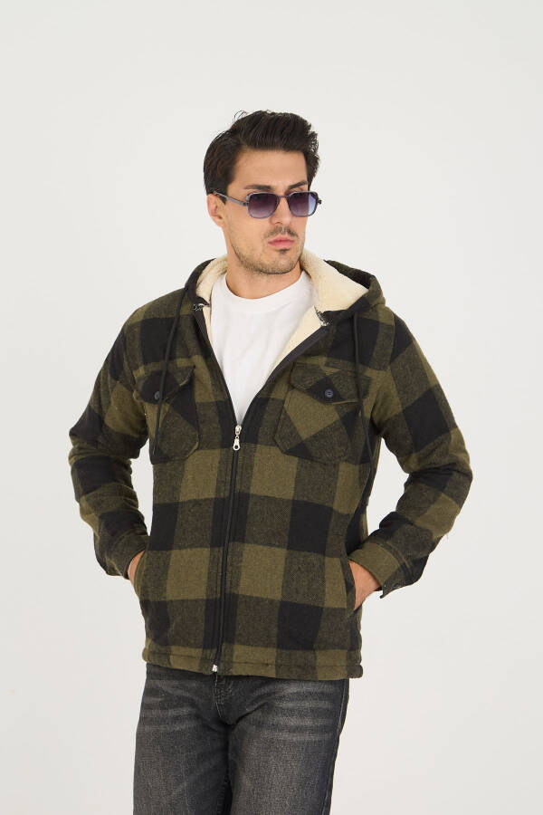 Men's oversized plaid lumberjack jacket with hood and fur lining, in khaki. - 1