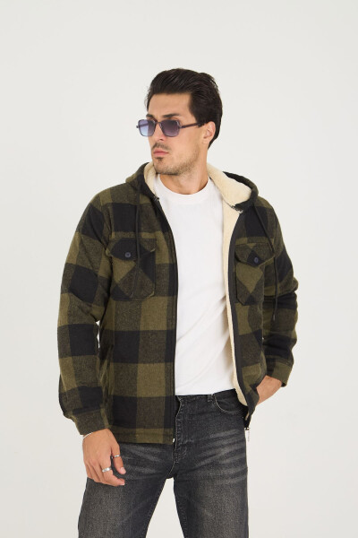 Men's oversized plaid lumberjack jacket with hood and fur lining, in khaki. - 2