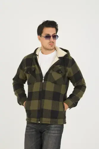 Men's oversized plaid lumberjack jacket with hood and fur lining, in khaki. - 1