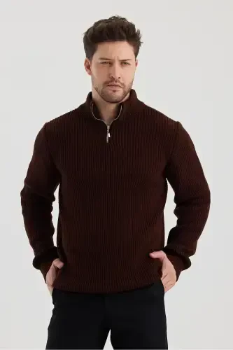 Men's Oversized Zippered Fisherman Knit Sweater-BROWN - 1