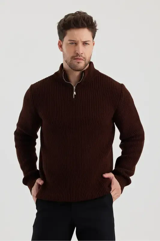 Men's Oversized Zippered Fisherman Knit Sweater-BROWN - 1