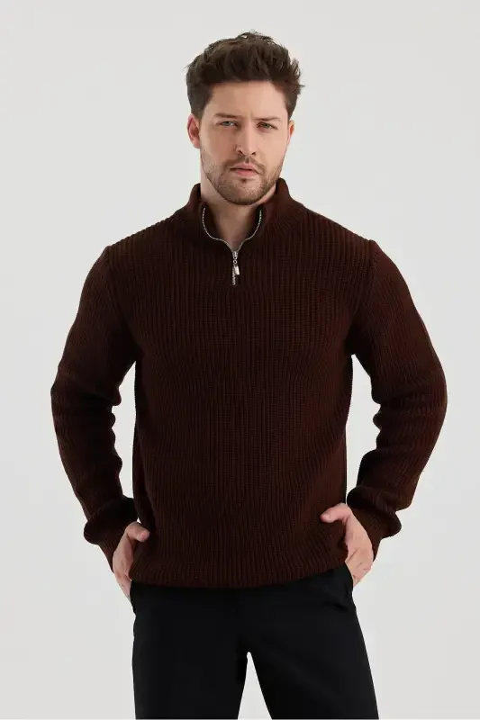 Men's Oversized Zippered Fisherman Knit Sweater-BROWN - 2