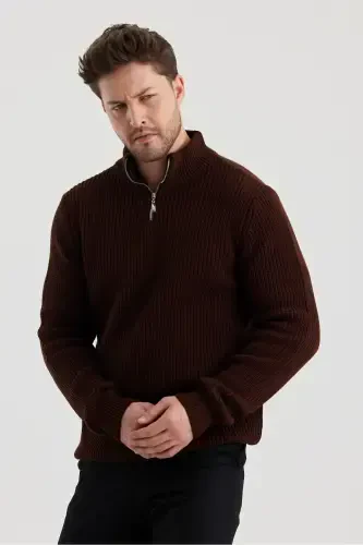 Men's Oversized Zippered Fisherman Knit Sweater-BROWN - 3