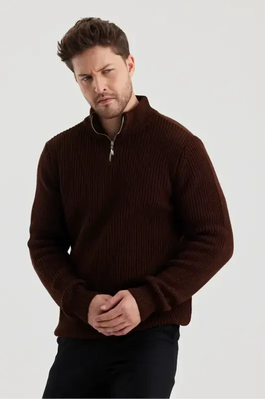 Men's Oversized Zippered Fisherman Knit Sweater-BROWN - 3