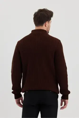 Men's Oversized Zippered Fisherman Knit Sweater-BROWN - 5