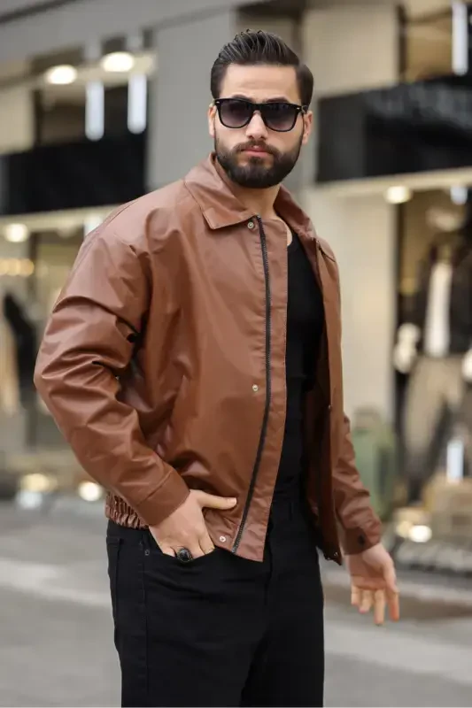 MEN'S OVERSIZE/SLOUCHY PREMIUM BOMBER LEATHER JACKET-tan leather - BASEL.CO