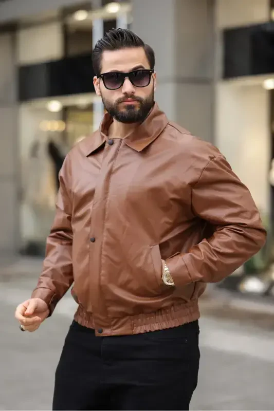 MEN'S OVERSIZE/SLOUCHY PREMIUM BOMBER LEATHER JACKET-tan leather - 2