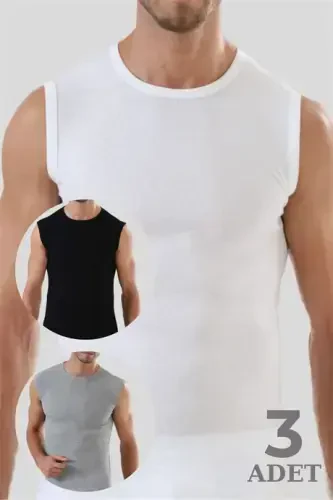Men's Pack of 3 Sleeveless Round Neck Tank Top Zero Sleeve T-Shirt 100% Cotton White Black Grey - 1