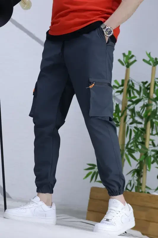 Men's Parachute Fabric Cargo Jogger Pants (SLIM FIT)-Smoked - 3