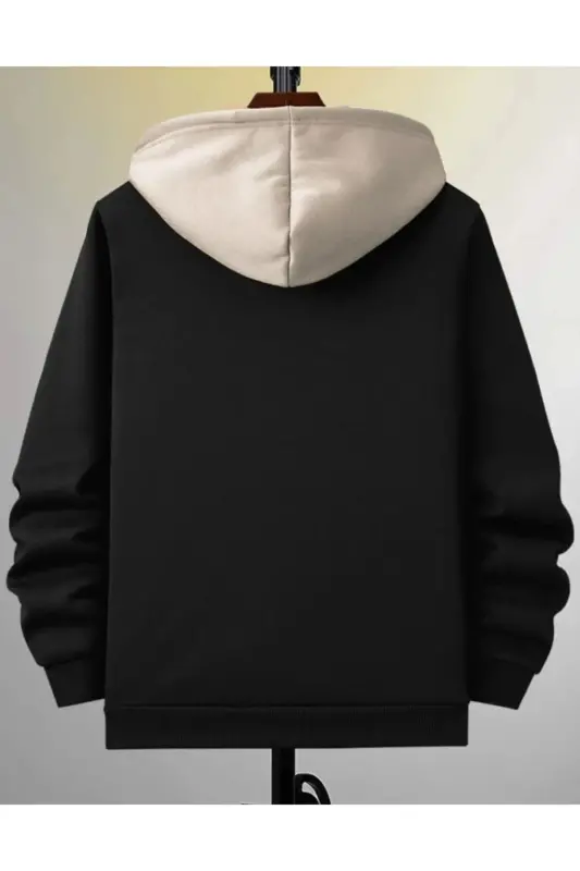 Men's Patchwork Color Black New York Printed Hooded Zip-Up Sweatshirt-Black - 2