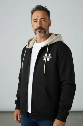Men's Patchwork Color Black New York Printed Hooded Zip-Up Sweatshirt-Black 