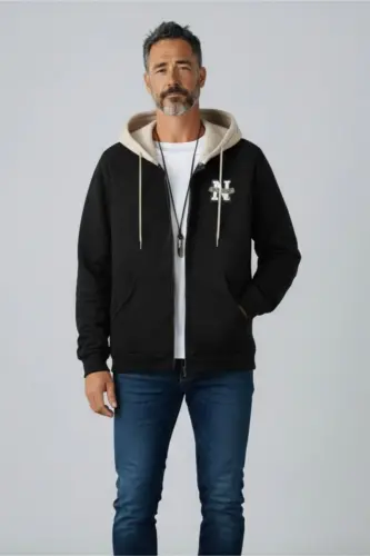 Men's Patchwork Color Black New York Printed Hooded Zip-Up Sweatshirt-Black - 3