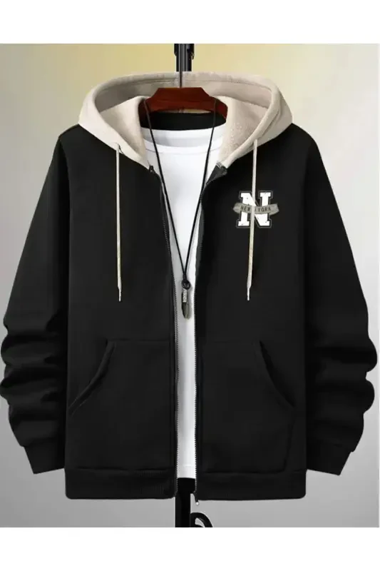 Men's Patchwork Color Black New York Printed Hoodie Zipper Cardigan-Black - 2